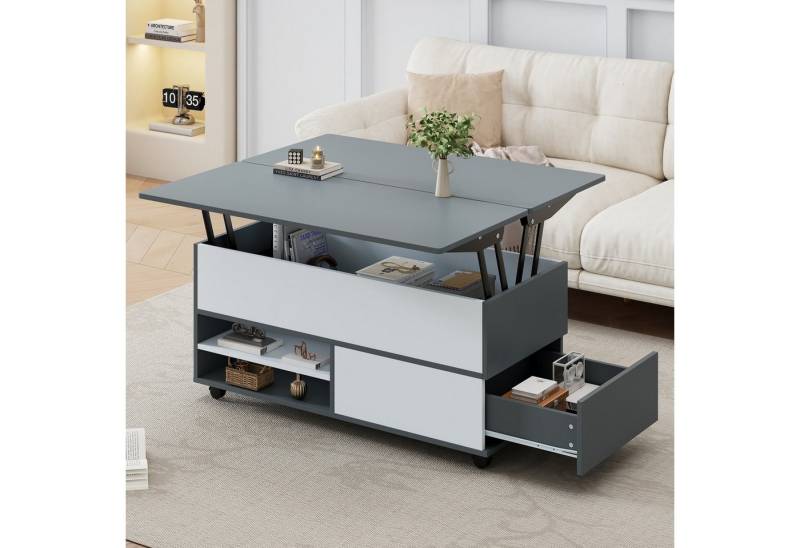 IDEASY Couchtisch Höhenverstellbarer Couchtisch mit Stauraum Rollen, Grau-Weiß 100x98cm Schubladen von IDEASY