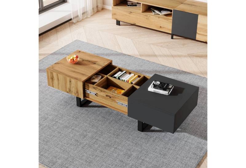 IDEASY Couchtisch Kleinmöbel Multifunktionale Möbel (mit 6 versteckter Aufbewahrung, Spanplatte, 155 x 55 x 22 cm), Natürliche Holzmaserung, grau-schwarze Tischplatte von IDEASY