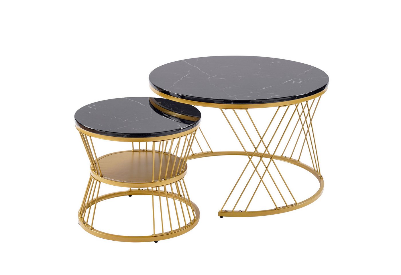 IDEASY Couchtisch Moderne Nesting Couchtisch, Hochglanz Couchtisch Satz, (Marmor Furnier Sofa Seite Nest von Tischen Runde Endtische), Satz von 2, Goldene Farbe Framem,70*70*45+45*45*40 cm(L*W*H) von IDEASY