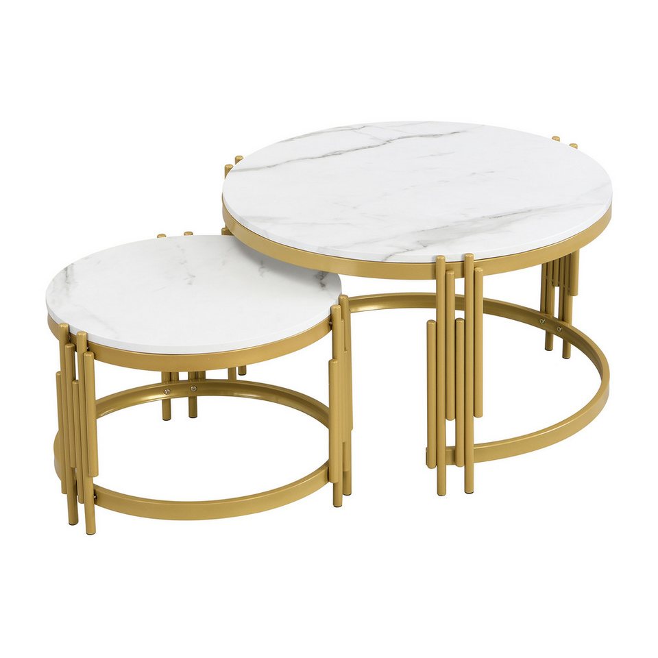 IDEASY Couchtisch Modulares Couchtisch-Set mit Marmoroptik & Goldmetall - 2 Größen (2 Tische, Hochwertiger Metallrahmen), 2er-Set mit abgestuften Durchmessern, Kreisförmiges Design von IDEASY