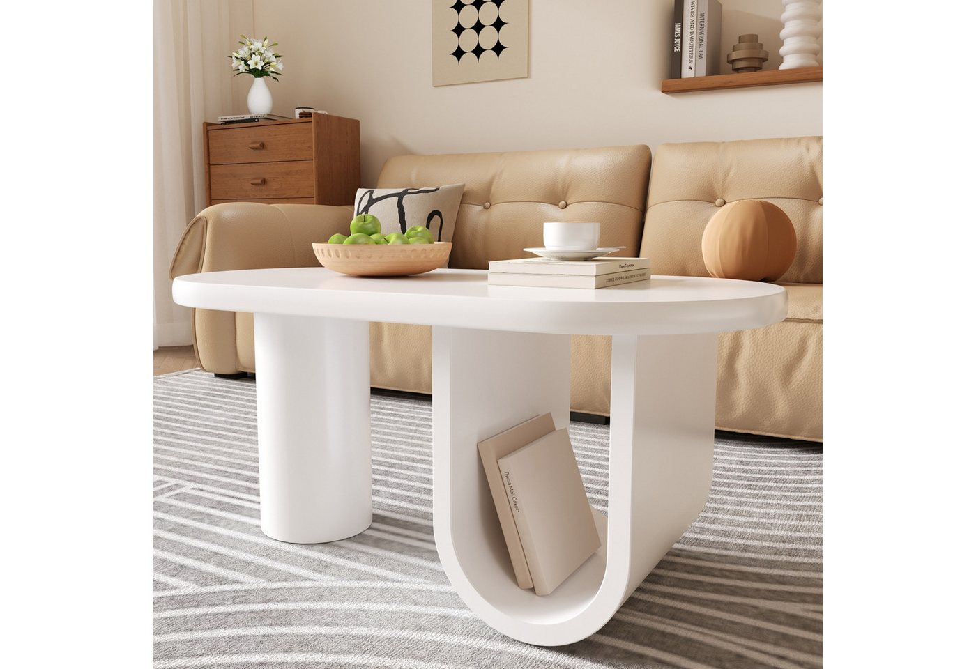 IDEASY Couchtisch Ovaler Couchtisch Weiß mit U - Bein & Stauraum IDEASY Couchtisch Ovaler Couchtisch Weiß mit U - Bein & Stauraum von IDEASY