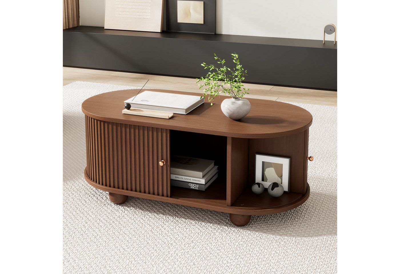 IDEASY Couchtisch Ovaler Couchtisch mit Stauraum & Schiebetüren Holz IDEASY Couchtisch Ovaler Couchtisch mit Stauraum & Schiebetüren Holz von IDEASY