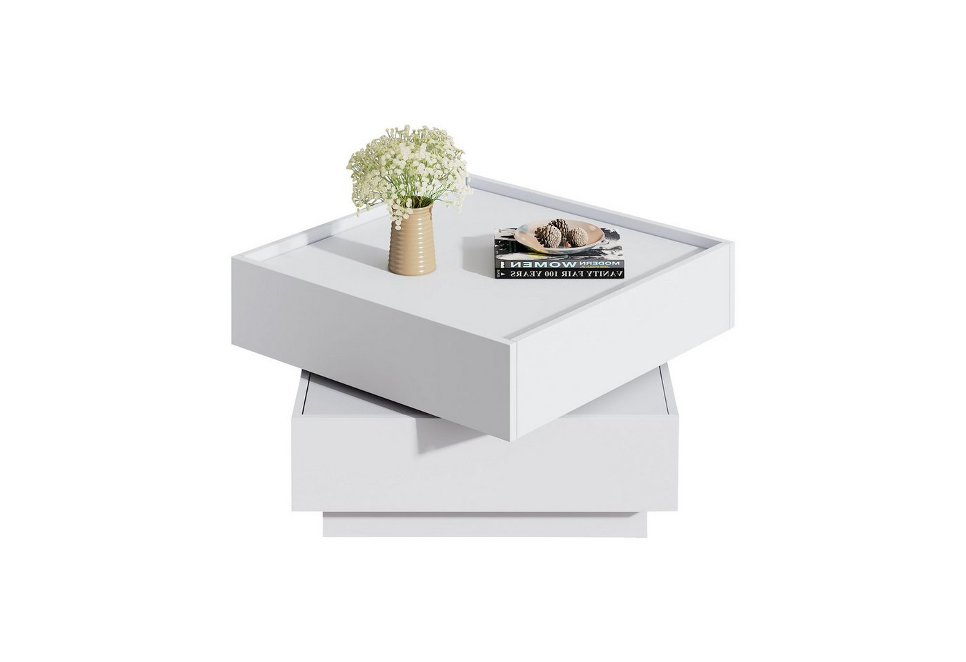 IDEASY Couchtisch Wohnzimmertisch, Couchtisch mit 360° schwenkbarer oberer Ablage (1 Tisch), mit 2 Schubladen, hochgezogene Kanten als Fallschutz, 60 x 60 x 38 cm von IDEASY