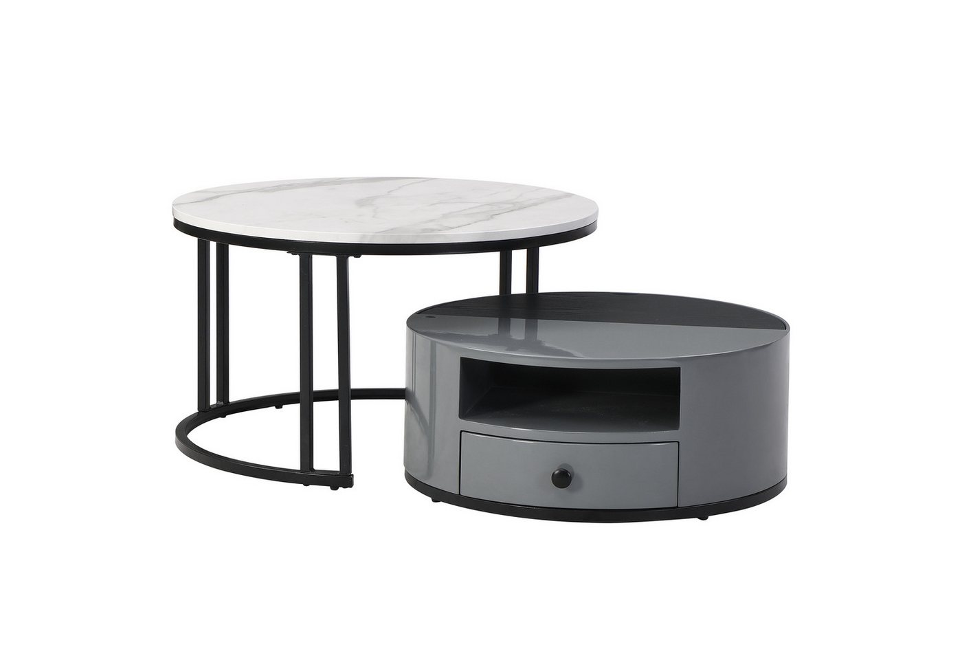 IDEASY Couchtisch Zweiteiliger Nesting-Couchtisch - Schwarzer und grauer (PVC-Marmor-Look und Aufbewahrung, Hochglanzfässer, elegantes Design), 70*70*40 + 60*60*25.5cm(L*W*H) von IDEASY