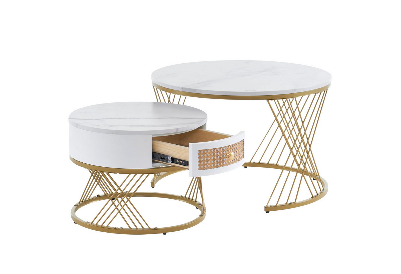 IDEASY Couchtisch Zweiteiliger weiße Elegantes Design mit einer Tischplatte (mit Marmorstruktur und Schubladen mit Kunststoff-Rattan-Fronten), goldenen Akzenten,71*71*46+50*50*38cm(L*W*H) von IDEASY