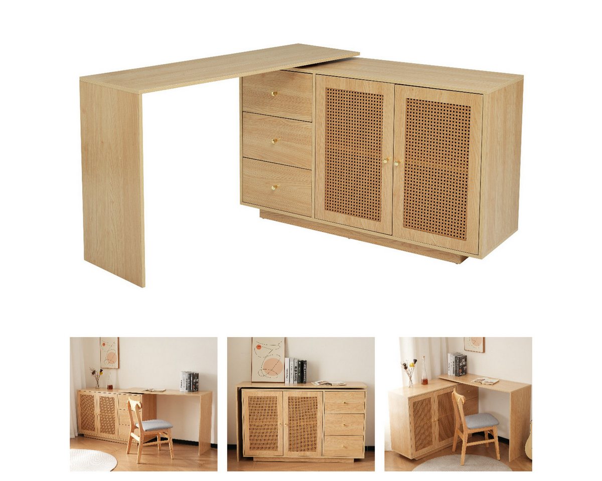 IDEASY Eckschreibtisch Mehrzweck-Schreibtisch, L-förmiger Eck-Computertisch, Sideboard (Bürotisch mit Rattantüren, Frisiertisch mit 360° Schwenkfunktion), 126 x 60 x 75 cm ecktisch Mit zwei Türen und drei Schubladen von IDEASY