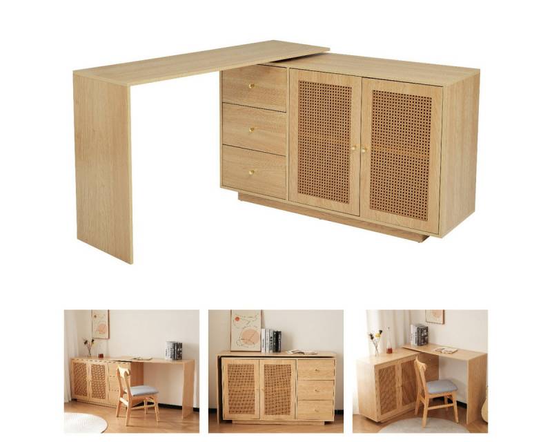 IDEASY Eckschreibtisch Mehrzweck-Schreibtisch, L-förmiger Eck-Computertisch, Sideboard (Bürotisch mit Rattantüren, Frisiertisch mit 360° Schwenkfunktion), 126 x 60 x 75 cm ecktisch Mit zwei Türen und drei Schubladen von IDEASY