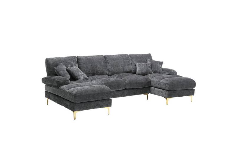 IDEASY Ecksofa Chenille Sektionssofa U-Form mit Liegeflächen und goldenen Metallfüßen, Robuster Holzrahmen, 2 integrierte Liegepositionen, hochdichter Schaum von IDEASY
