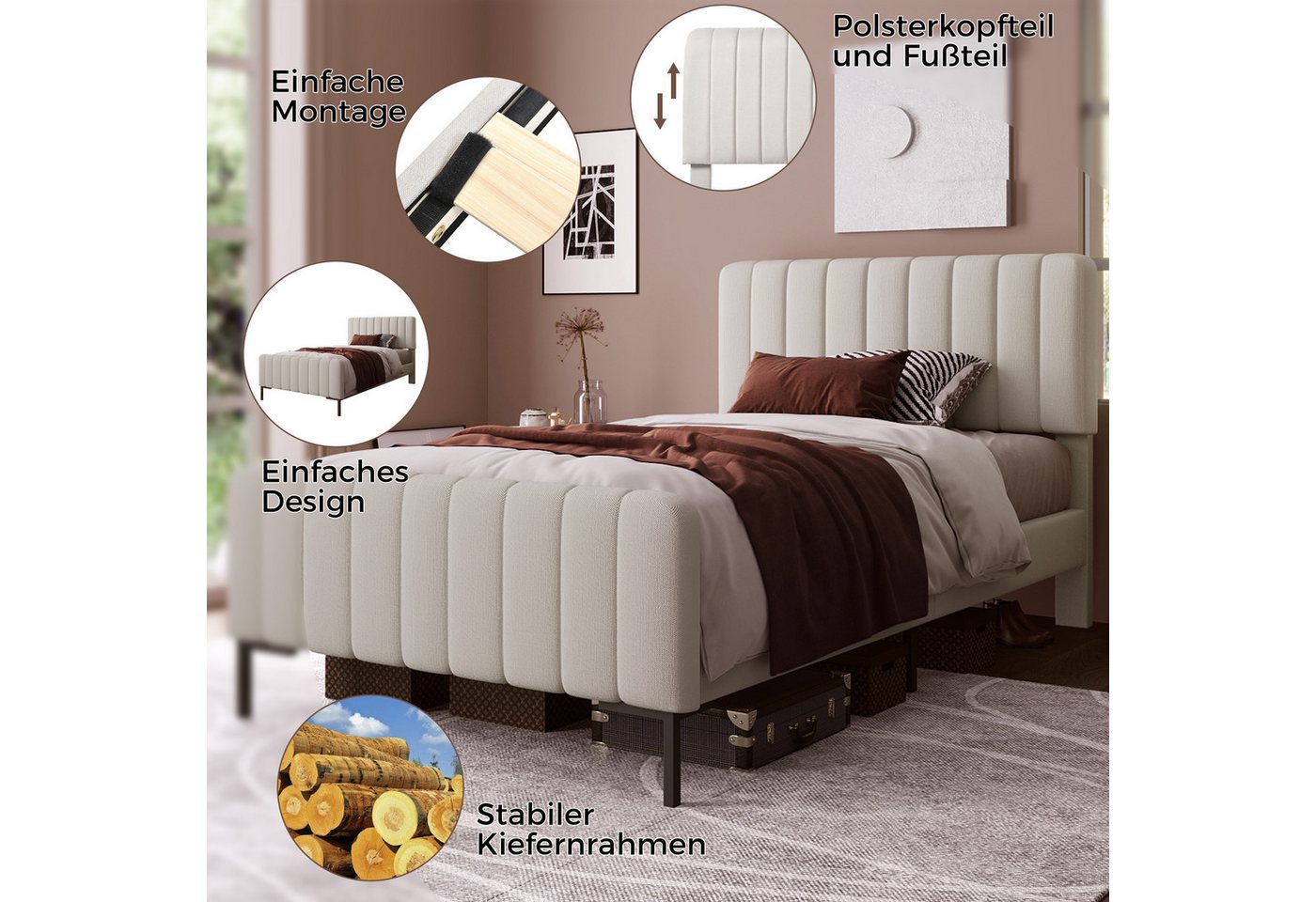 IDEASY Einzelbett Einzelbett, Doppelbett, 90/140/160/180 cm Breite optional, (Mit-Matratz), verstellbares Kopfteil, Massivholz + Leinen + Metall von IDEASY
