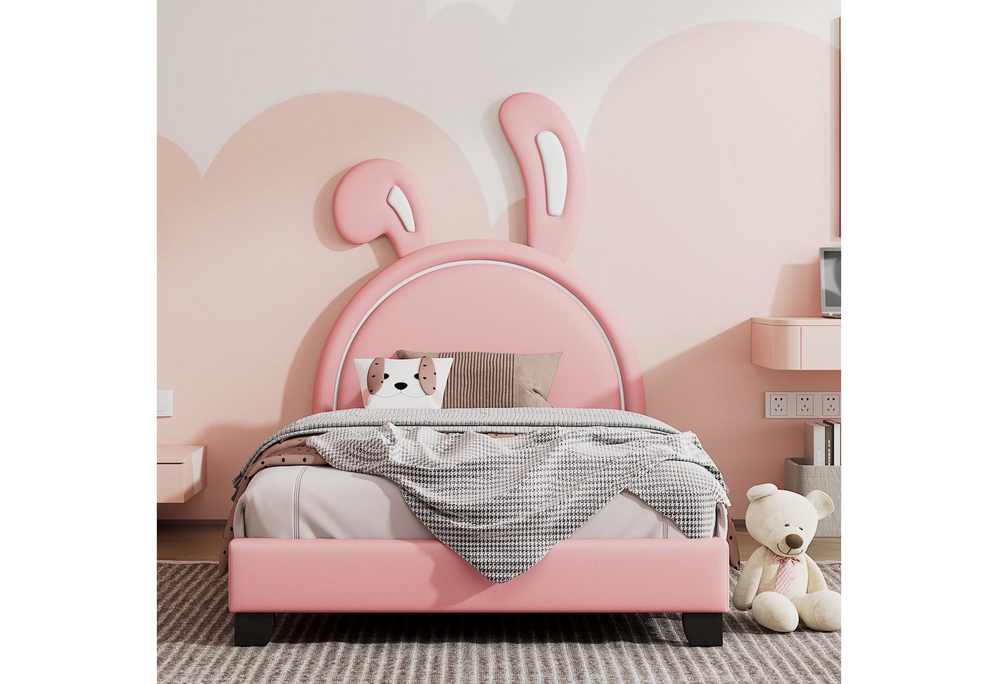 IDEASY Einzelbett Einzelbett, Polsterbett, Bettrahmen aus Holz, (Kopfteil aus PU-Leder mit Hasenohren, 90 x 200 cm), geeignet für Kinder, Mädchen, Jungen, Jugendliche von IDEASY