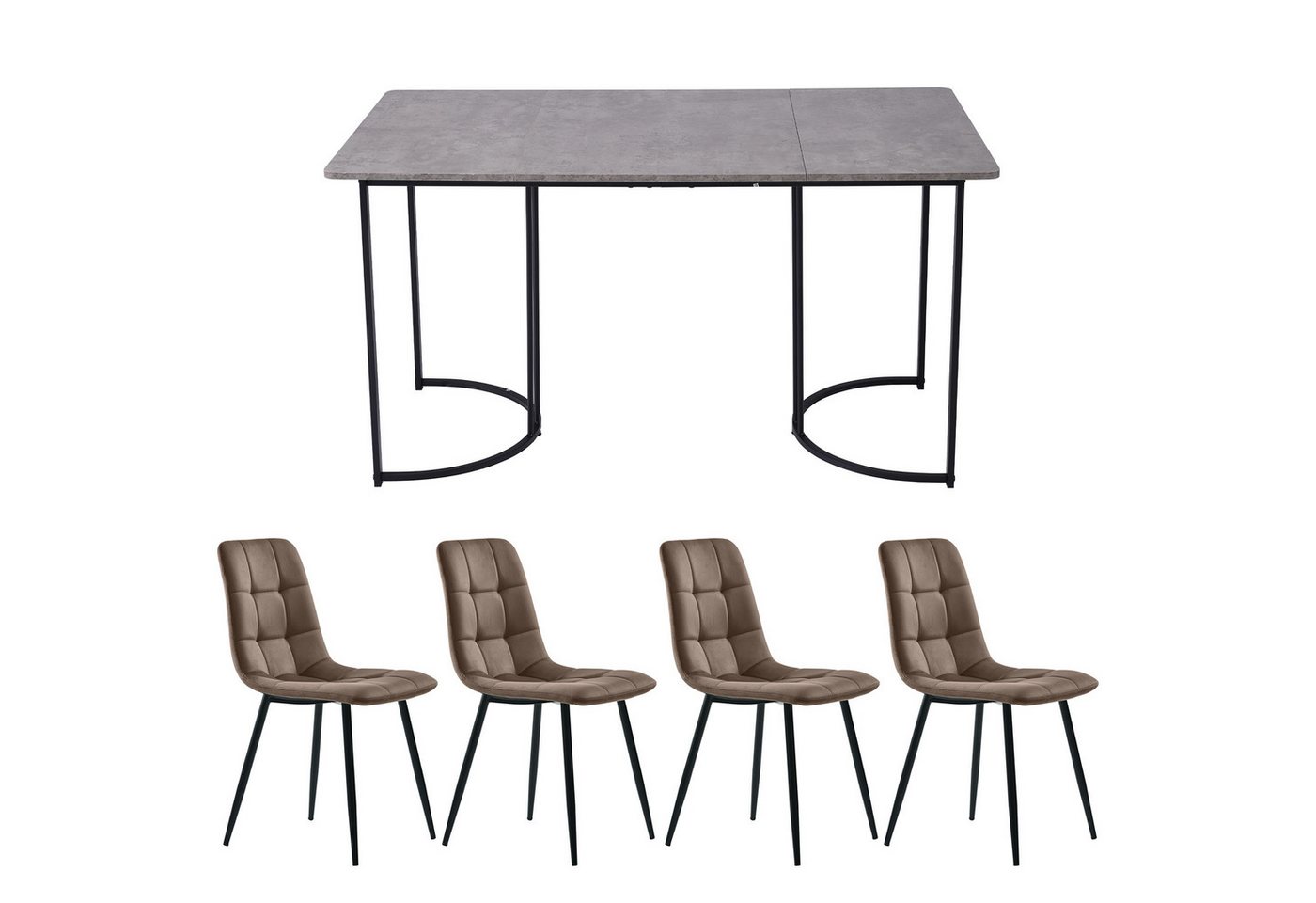 IDEASY Essgruppe 140×80cm Küchentisch mit 4 Stühlen Set(5-tlg), MDF Tischplatte in Grau, Samt Esszimmerstühle von IDEASY