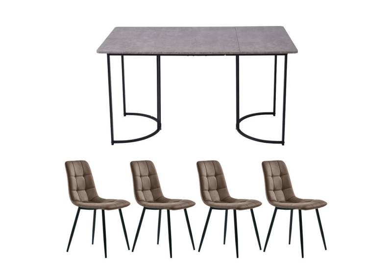 IDEASY Essgruppe 140×80cm Küchentisch mit 4 Stühlen Set(5-tlg), MDF Tischplatte in Grau, Samt Esszimmerstühle von IDEASY