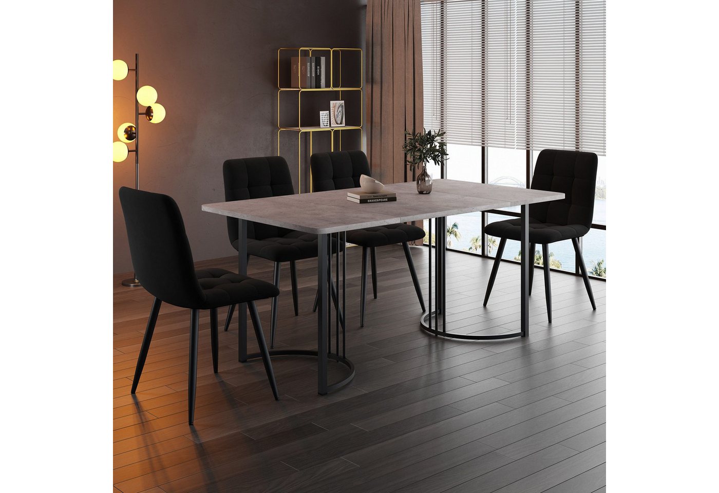 IDEASY Essgruppe 140×80cm Küchentisch mit 4 Stühlen Set(5-tlg), MDF Tischplatte in Grau, Samt Esszimmerstühle von IDEASY