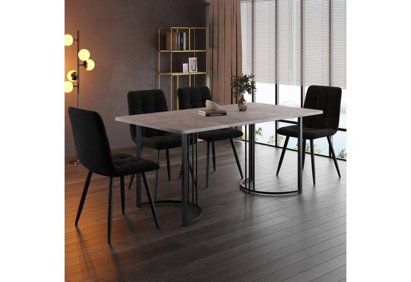 IDEASY Essgruppe 140×80cm Küchentisch mit 4 Stühlen Set(5-tlg), MDF Tischplatte in Grau, Samt Esszimmerstühle von IDEASY