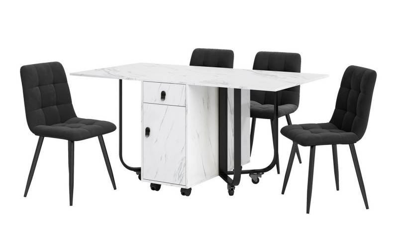 IDEASY Essgruppe 150×80×76cm Esstisch mit 4 Stühlen, Klappbarer Küchentisch Set(5tlg) , Samt Esszimmerstühle, MDF Tischplatte in Weißer, Schwarz Tischbeine von IDEASY