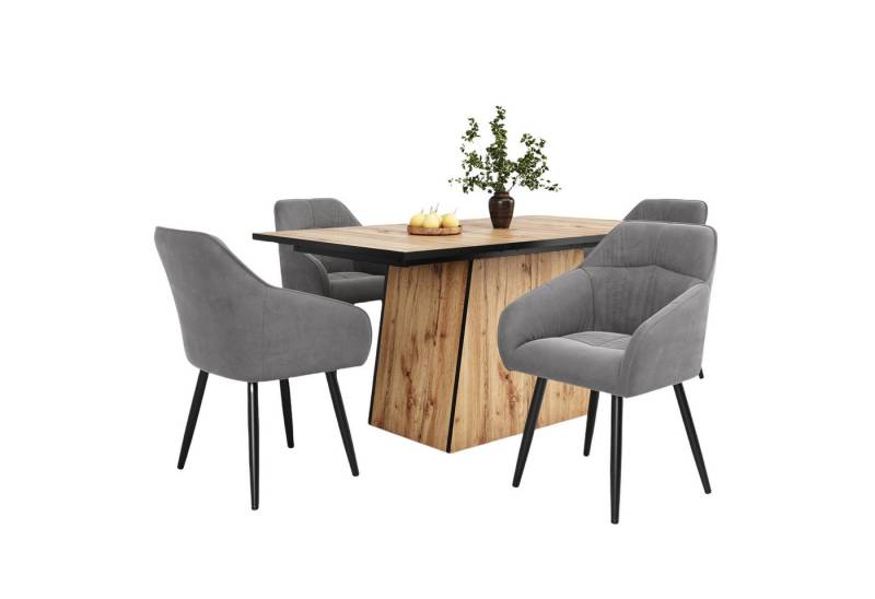 IDEASY Essgruppe 5-teilig, 138 x 80 cm großer Esstisch mit 4 Stühlen, Esstisch-Set, (Moderner rechteckiger Küchentisch mit Holzmaserungsmuster), Hohe Rückenlehne, mit Samt gepolsterter Sitz, Metallbeine von IDEASY