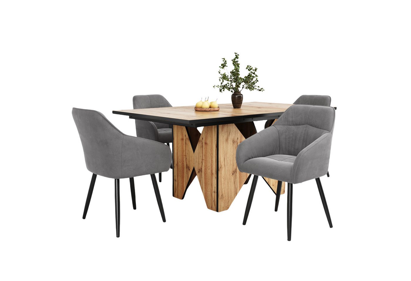 IDEASY Essgruppe 5-teilig, 138 x 80 cm großer Esstisch mit 4 Stühlen, Esstisch-Set, (Moderner rechteckiger Küchentisch mit Holzmaserungsmuster), Hohe Rückenlehne, mit Samt gepolsterter Sitz, Metallbeine von IDEASY