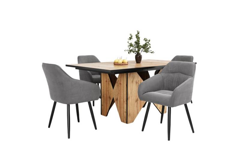 IDEASY Essgruppe 5-teilig, 138 x 80 cm großer Esstisch mit 4 Stühlen, Esstisch-Set, (Moderner rechteckiger Küchentisch mit Holzmaserungsmuster), Hohe Rückenlehne, mit Samt gepolsterter Sitz, Metallbeine von IDEASY
