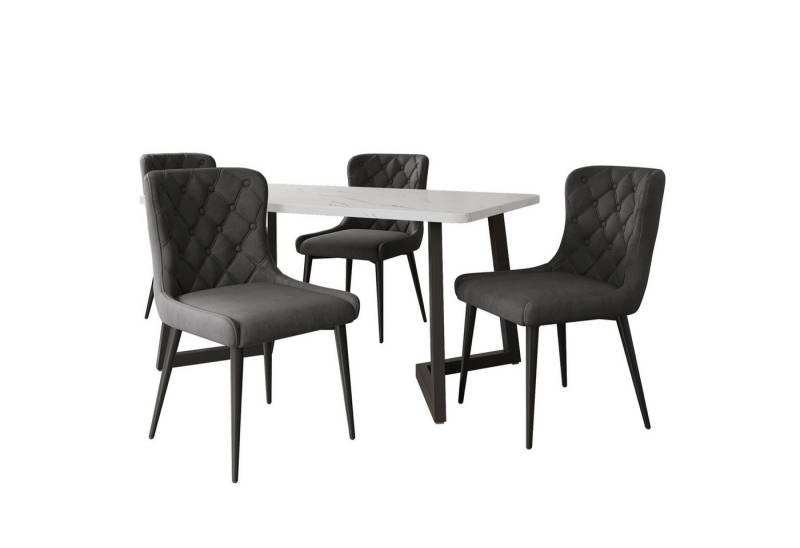 IDEASY Essgruppe 5-tlg, 117x68cm Esstisch mit 4 Polsterstühle, Moderner Küchentisch Set, (Esszimmerstühle mit rautenförmiger Rückenlehne), Marmorfurnierter Esstisch mit schwarzen Beinen von IDEASY