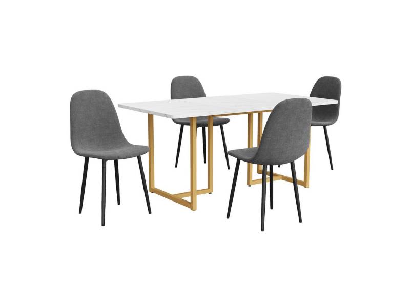 IDEASY Essgruppe 5-tlg, Esstisch mit 4 Leinen Stühlen, Moderner Küchentisch Set, (Esstisch aus Marmorfurnier, L-förmig Tischbeine, Einfach und stilvoll), Hohe Rückenlehne, Metallbeine, bequemer gepolsterter Wohnzimmersessel von IDEASY