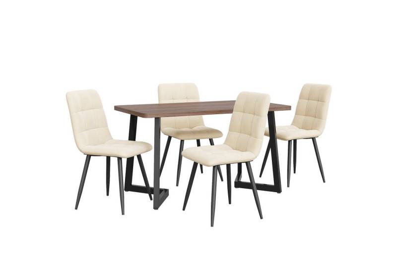 IDEASY Essgruppe 5-tlg, Nussbaumfarbener Esstisch+4 Esszimmerstühle aus Samt/Leinen, (Holzmaserung Küchentisch mit Schwarz Metallbeinen, MDF Tischplatte), Moderner Küchentisch Set, Polstersessel mit hoher Rückenlehne von IDEASY