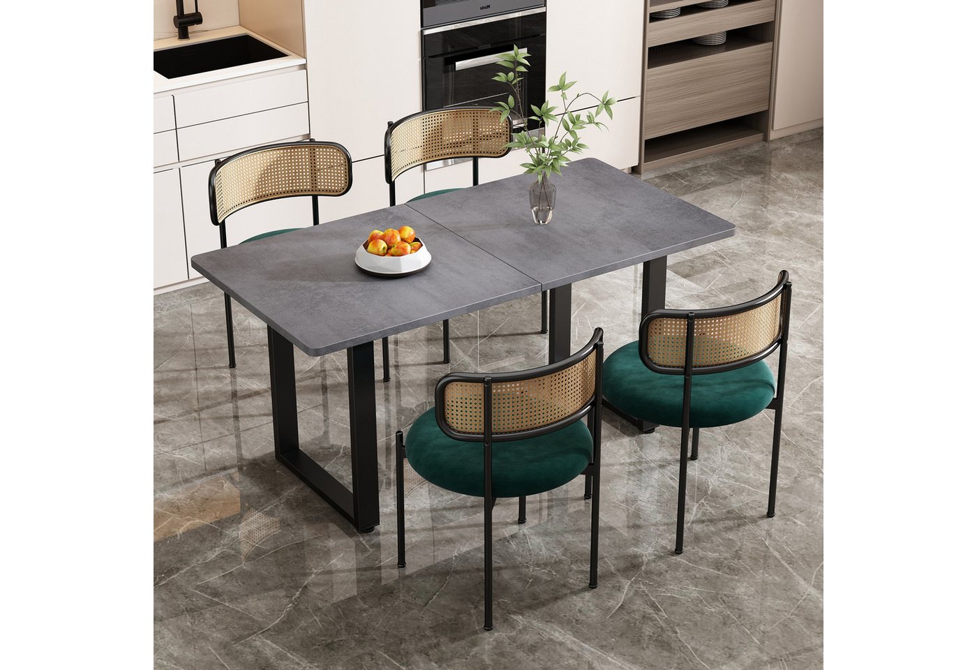 IDEASY Essgruppe 5-tlg. Essgruppe: 4 Samtstühle & Esstisch Grau/Grün/Schwarz von IDEASY