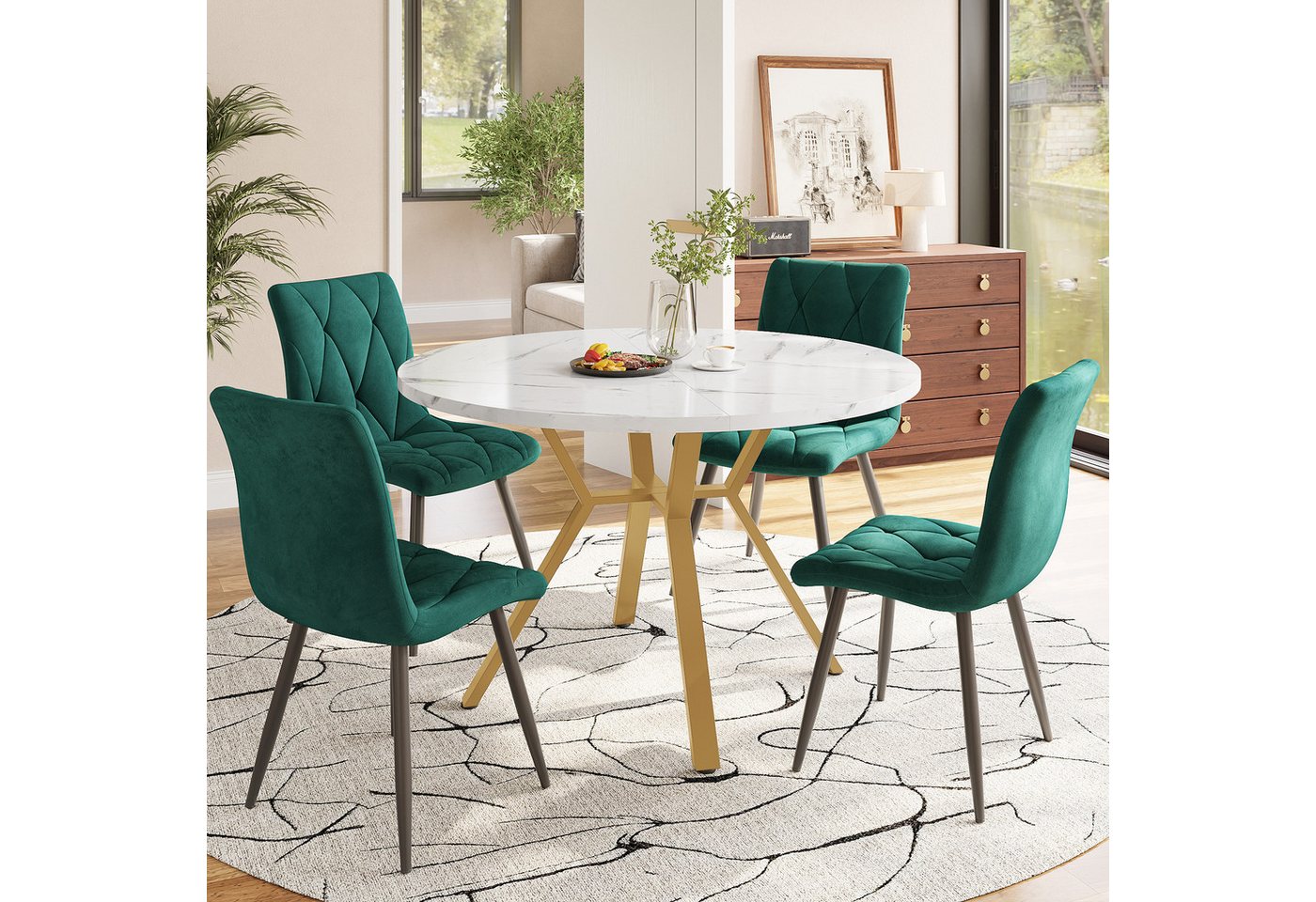IDEASY Essgruppe 5-tlg. Rundes Marmor-Esstisch-Set4 Samtstühle, Goldene Metallbeine, schwarze Stühle IDEASY Essgruppe 5-tlg. Rundes Marmor-Esstisch-Set4 Samtstühle, Goldene Metallbeine, schwarze Stühle von IDEASY