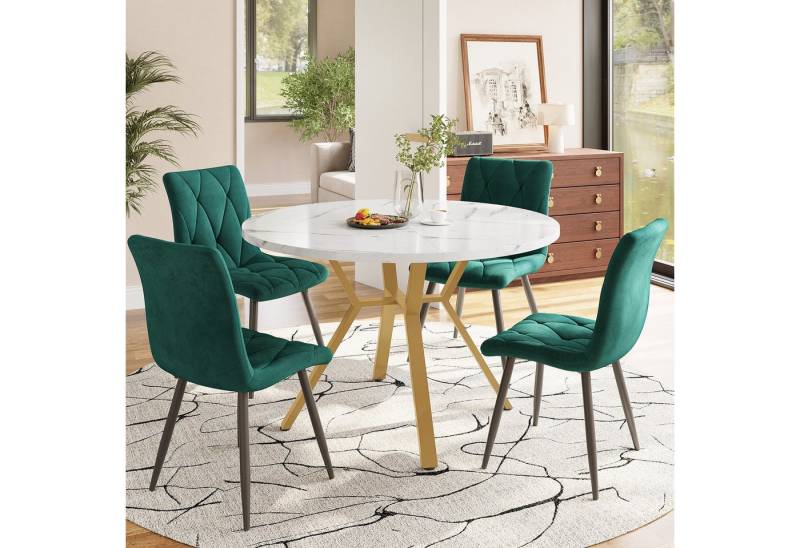 IDEASY Essgruppe 5-tlg. Rundes Marmor-Esstisch-Set4 Samtstühle, Goldene Metallbeine, schwarze Stühle von IDEASY