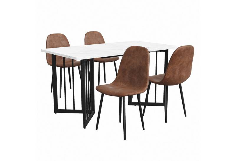 IDEASY Essgruppe 5St, 1 Esstisch lmit V-förmig Tischbeine aus Metall, 4 Esstisch Stühle, (Polsterstühle mit Rückenlehne,Beine aus Metall, Leinen), Moderner Küchentisch Set, Marmorfurnier Patchwork Tischplatte von IDEASY