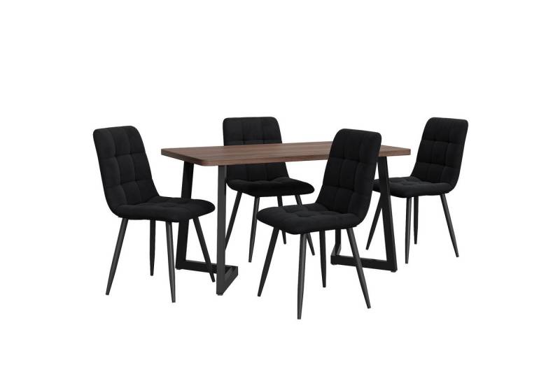 IDEASY Essgruppe 5St, 117*68*75cm Esstisch mit 4 Samt Esszimmerstühle, (Moderner Küchentisch Set, MDF Tischplatte in Walnussfarbe), Holzmaserung Küchentisch mit Schwarz Metallbeinen von IDEASY