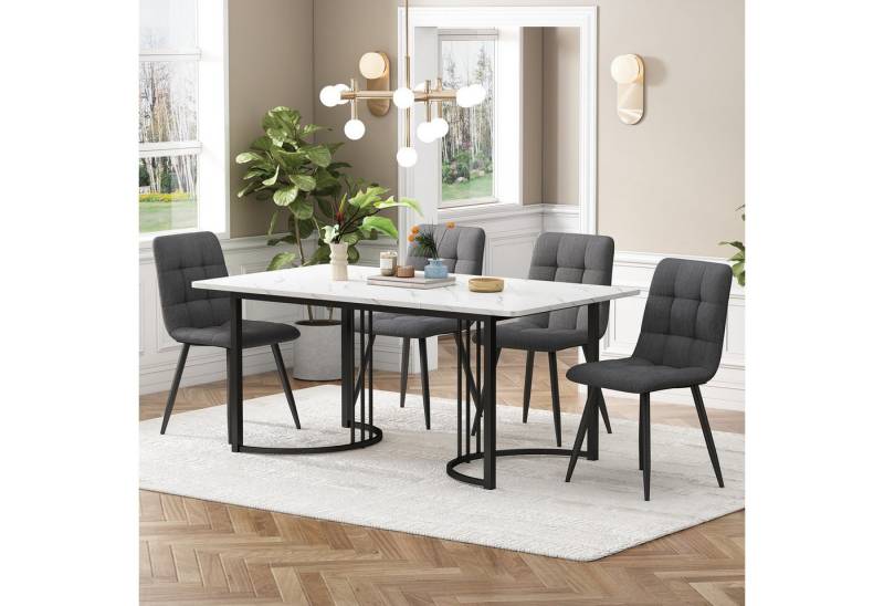 IDEASY Essgruppe 5St, 140×80cm Esstisch mit 4 Stühlen, Modernes Küchentischset, (Hohe Rückenlehne, verdicktes Sitzkissen, Küchentisch mit Marmormuster), Samt Esszimmerstühle, MDF Tischplatte, Golden Metallbeinen von IDEASY