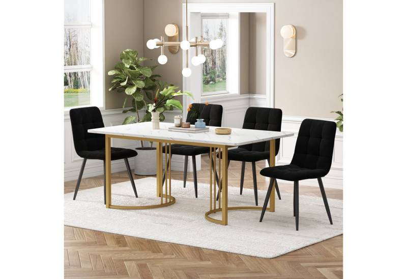 IDEASY Essgruppe 5St, 140×80cm Esstisch mit 4 Stühlen, Modernes Küchentischset, (Hohe Rückenlehne, verdicktes Sitzkissen, Küchentisch mit Marmormuster), Samt Esszimmerstühle, MDF Tischplatte, Golden Metallbeinen von IDEASY