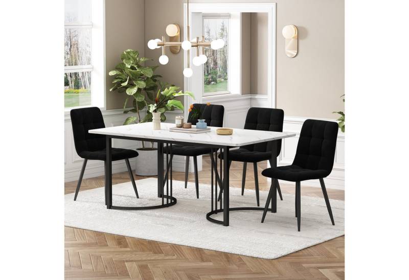 IDEASY Essgruppe 5St, 140×80cm Esstisch mit 4 Stühlen, Modernes Küchentischset, (Hohe Rückenlehne, verdicktes Sitzkissen, Küchentisch mit Marmormuster), Samt Esszimmerstühle, MDF Tischplatte, Golden Metallbeinen von IDEASY