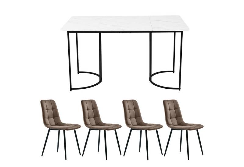 IDEASY Essgruppe 5St, 140×80cm Esstisch mit 4 Stühlen, Modernes Küchentischset, (Hohe Rückenlehne, verdicktes Sitzkissen, Küchentisch mit Marmormuster), Samt Esszimmerstühle, MDF Tischplatte, Golden Metallbeinen von IDEASY