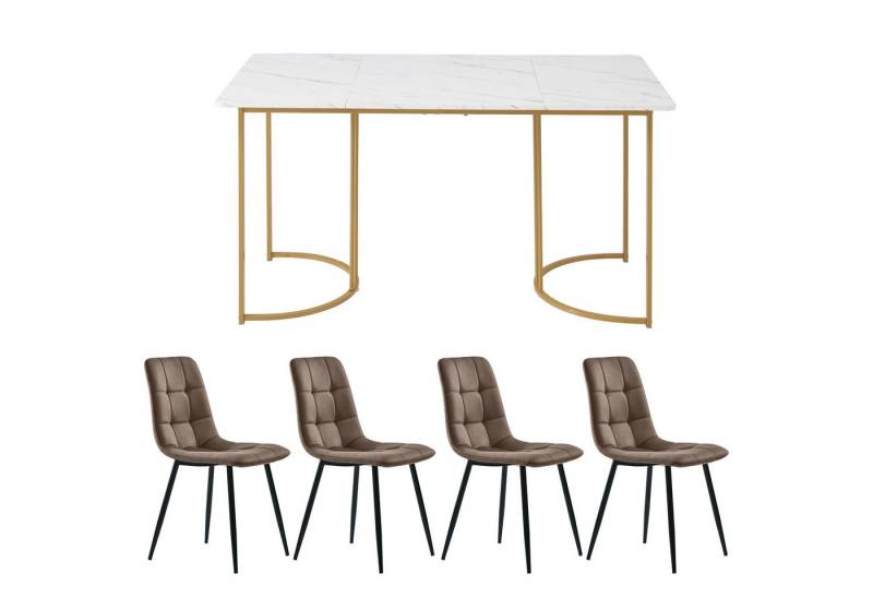 IDEASY Essgruppe 5St, 140×80cm Esstisch mit 4 Stühlen, Modernes Küchentischset, (Hohe Rückenlehne, verdicktes Sitzkissen, Küchentisch mit Marmormuster), Samt Esszimmerstühle, MDF Tischplatte, Golden Metallbeinen von IDEASY