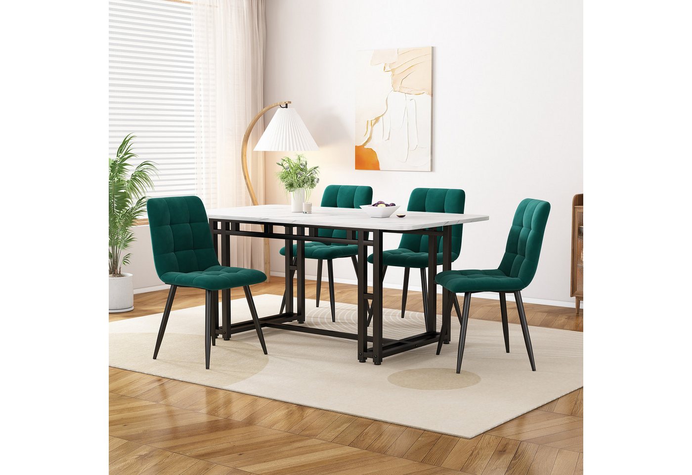 IDEASY Essgruppe Esstisch-Set 120x70cm Schwarz mit 4 dunkelgr. Samtstühlen von IDEASY