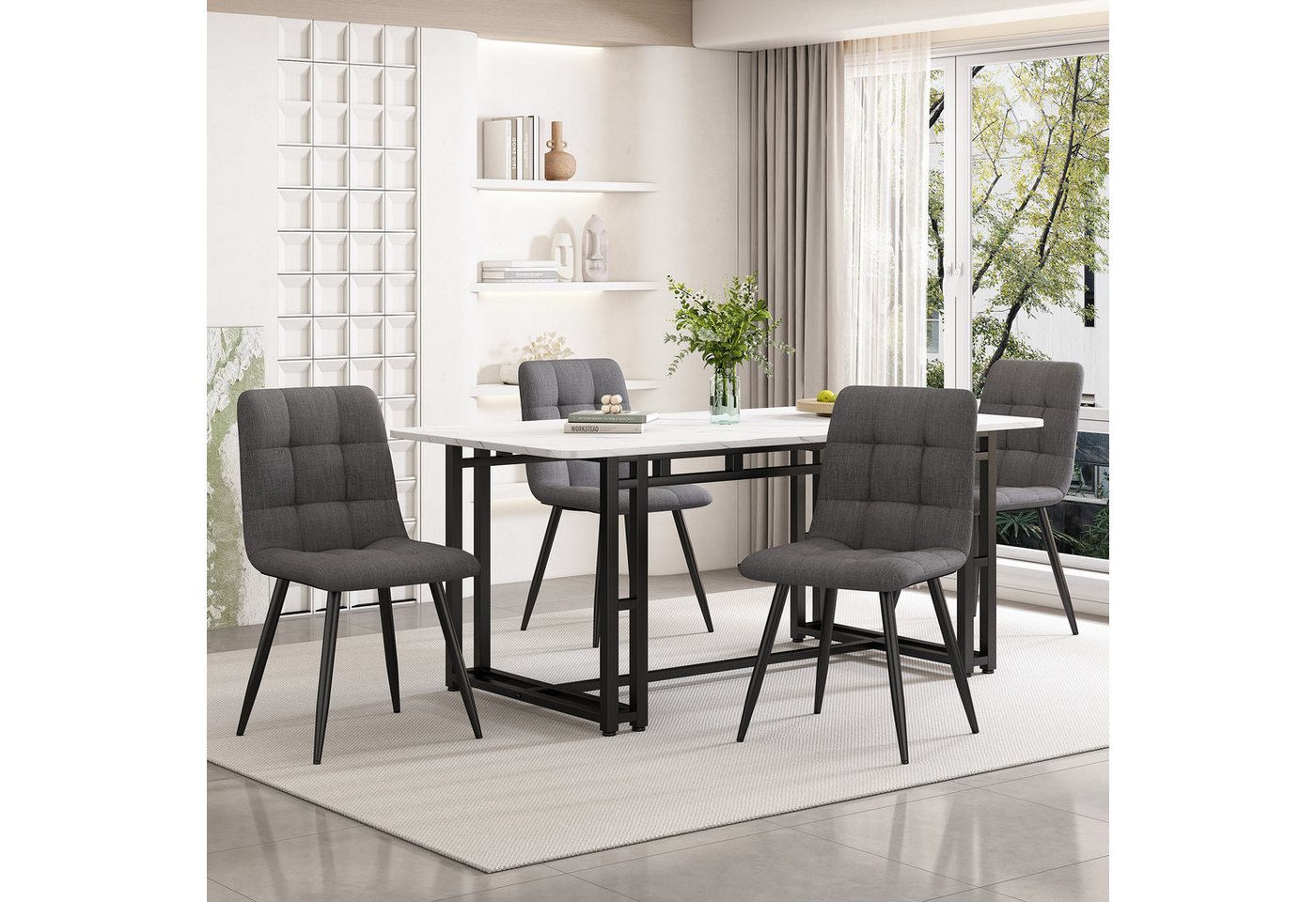 IDEASY Essgruppe Esstisch-Set 140x80 Schwarz mit 4 grauen Leinenstühlen von IDEASY