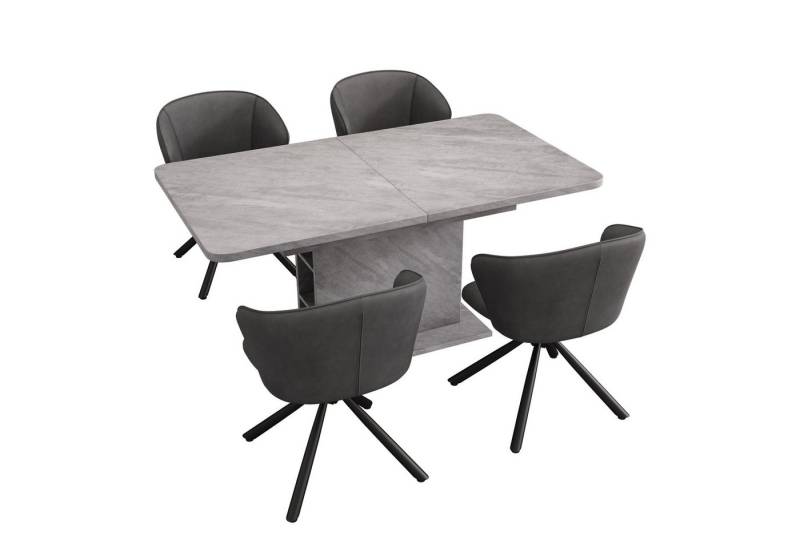 IDEASY Essgruppe Esszimmer-Set 4er mit erweiterbarem Esstisch & Stauraum - Grau, (rechteckiger Tisch mit Erweiterungsfunktion), Stühle mit PU-Bezug & Metallfüßen von IDEASY