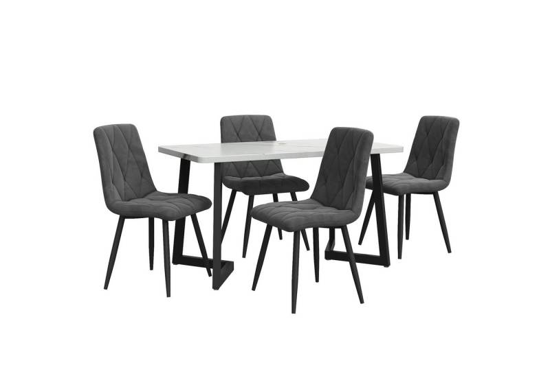 IDEASY Essgruppe Esszimmergarnitur, 117x68 cm Esszimmertisch mit 4 Esszimmerstühlen, Schwarz Twill Samt Küchenstuhl, Schwarze Tischbeine von IDEASY