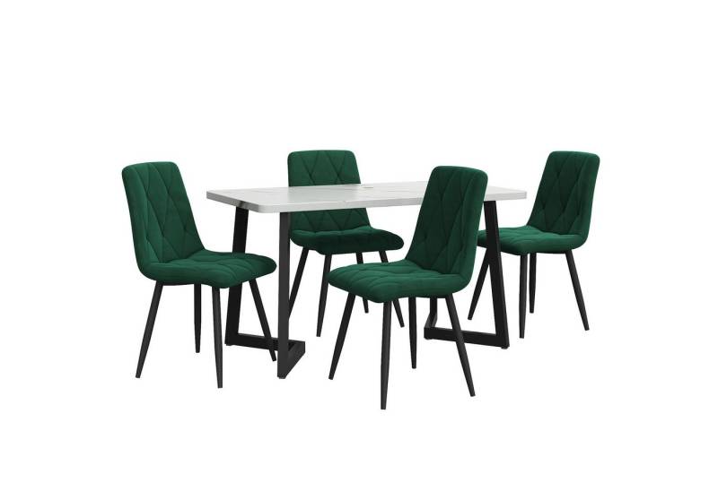 IDEASY Essgruppe Esszimmergarnitur, 117x68 cm Esszimmertisch mit 4 Esszimmerstühlen, Schwarz Twill Samt Küchenstuhl, Schwarze Tischbeine von IDEASY