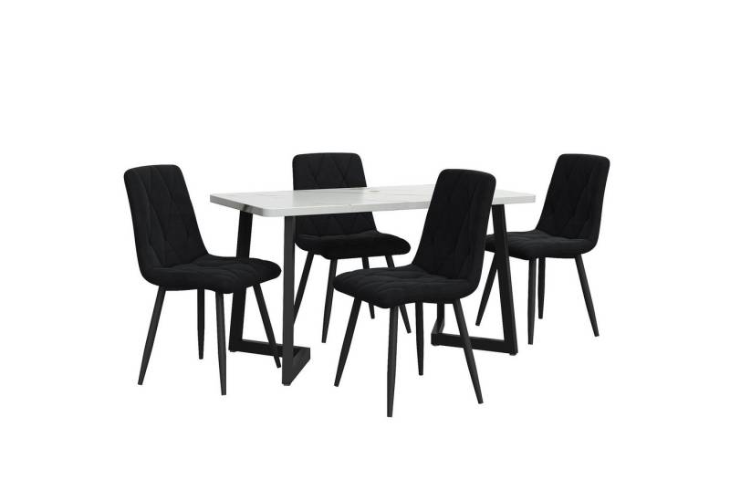 IDEASY Essgruppe Esszimmergarnitur, 117x68 cm Esszimmertisch mit 4 Esszimmerstühlen, Schwarz Twill Samt Küchenstuhl, Schwarze Tischbeine von IDEASY