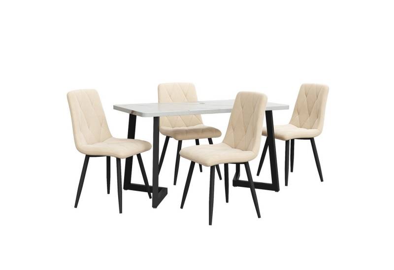IDEASY Essgruppe Esszimmergarnitur, 117x68 cm Esszimmertisch mit 4 Esszimmerstühlen, Schwarz Twill Samt Küchenstuhl, Schwarze Tischbeine von IDEASY