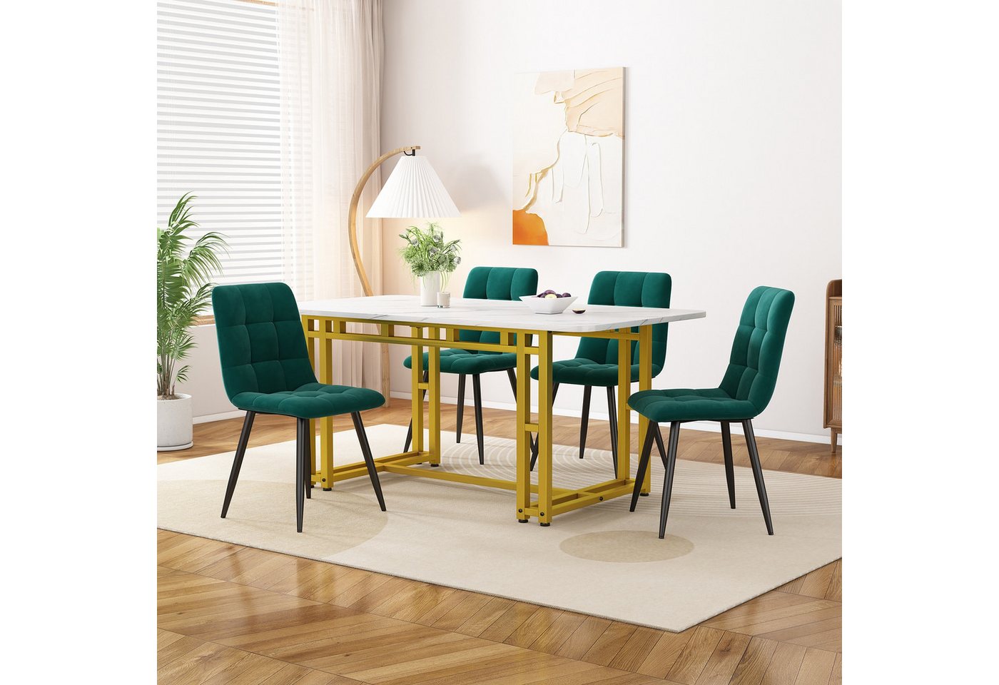IDEASY Essgruppe Goldener Esstisch 120x70cm +4 dunkelgraue Leinenstühle von IDEASY