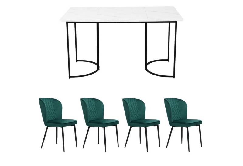 IDEASY Essgruppe Küchentisch Set (5-tlg), 140×80×75cm Esstisch mit 4 Stühlen, Samt Esszimmerstühle mit Rückenlehne, MDF Tischplatte von IDEASY