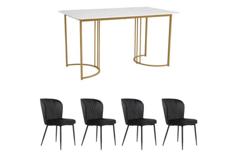 IDEASY Essgruppe Moderner Küchentisch Set(5-tlg), 140×80×75cm Esstisch mit 4 Stühlen, Samt Esszimmerstühle, MDF Tischplatte in Weißer, Golden Tischbeine von IDEASY
