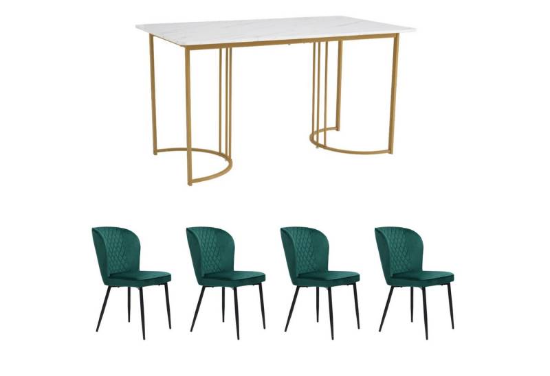 IDEASY Essgruppe Moderner Küchentisch Set(5-tlg), 140×80×75cm Esstisch mit 4 Stühlen, Samt Esszimmerstühle, MDF Tischplatte in Weißer, Golden Tischbeine von IDEASY