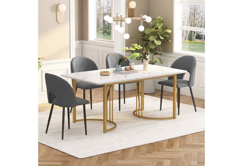 IDEASY Essgruppe Moderner Küchentisch Set(5Tlg), 140×80cm Esstisch mit 4 Stühlen, Samt Esszimmerstuhl Mit Diamantmuster, Verstellbare Stuhlbeine von IDEASY