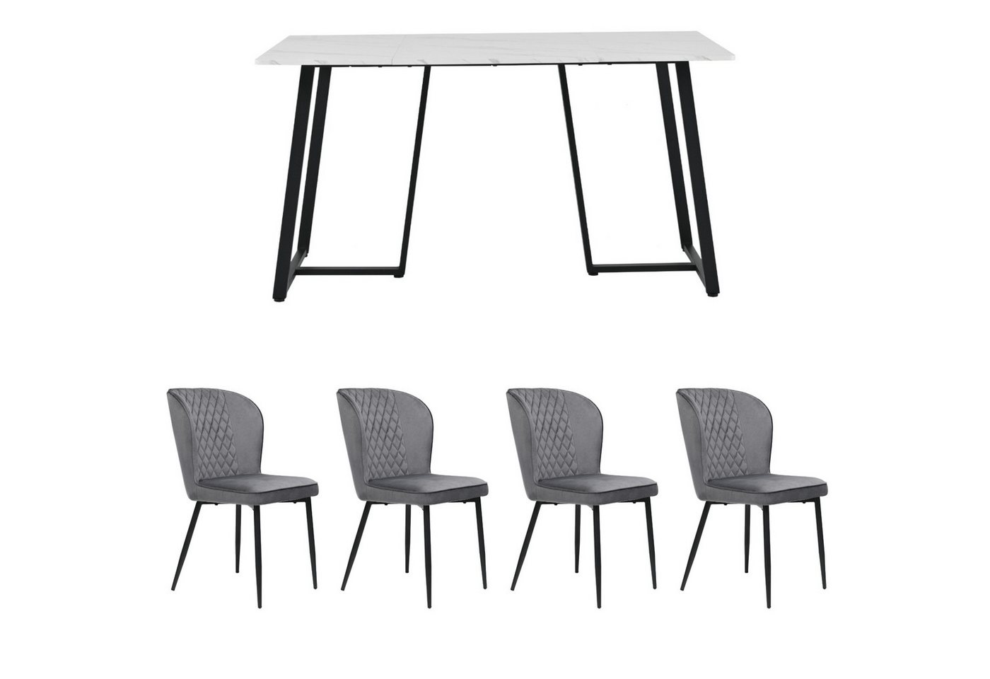 IDEASY Essgruppe Moderner Küchentisch Set(5tlg), 140×80×75cm Esstisch mit 4 Stühlen, Samt Esszimmerstühle, MDF Tischplatte in Weißer,Schwarz Tischbeine von IDEASY