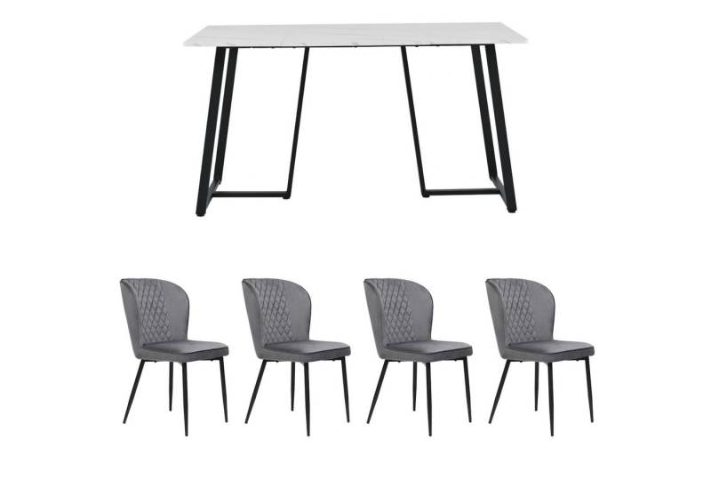 IDEASY Essgruppe Moderner Küchentisch Set(5tlg), 140×80×75cm Esstisch mit 4 Stühlen, Samt Esszimmerstühle, MDF Tischplatte in Weißer,Schwarz Tischbeine von IDEASY