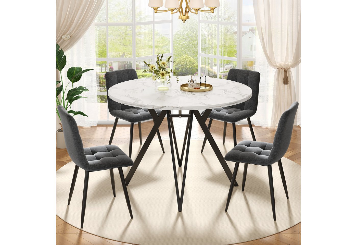 IDEASY Essgruppe Rundes Esstisch-Set 100cm mit 4 Stühlen & Marmor von IDEASY